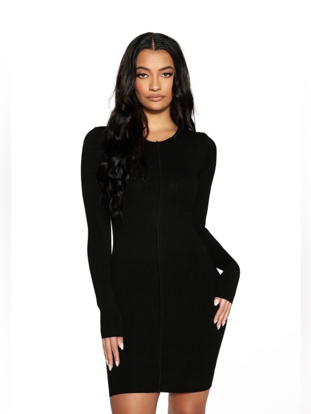 Naked Wardrobe Black Long Sleeve Ribbed Mock Neck Dress $98